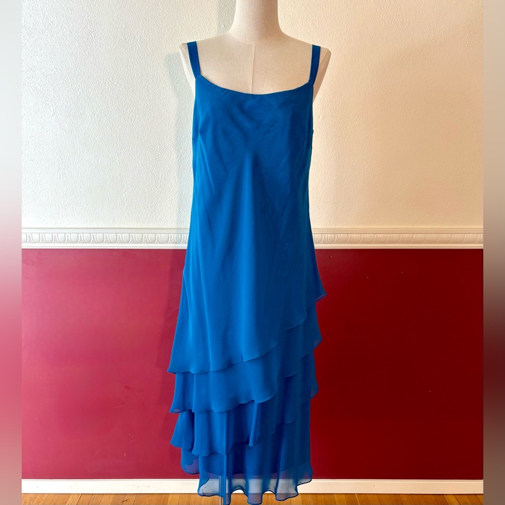 Vintage Cattiva tiered chiffon 2-piece bateau neck dress in teal blue - Picture 10 of 15